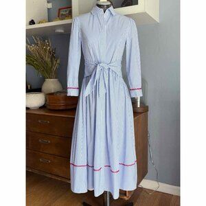 Shoshanna Clarice Striped Lace-Trim Midi Shirtdress Blue White Red
